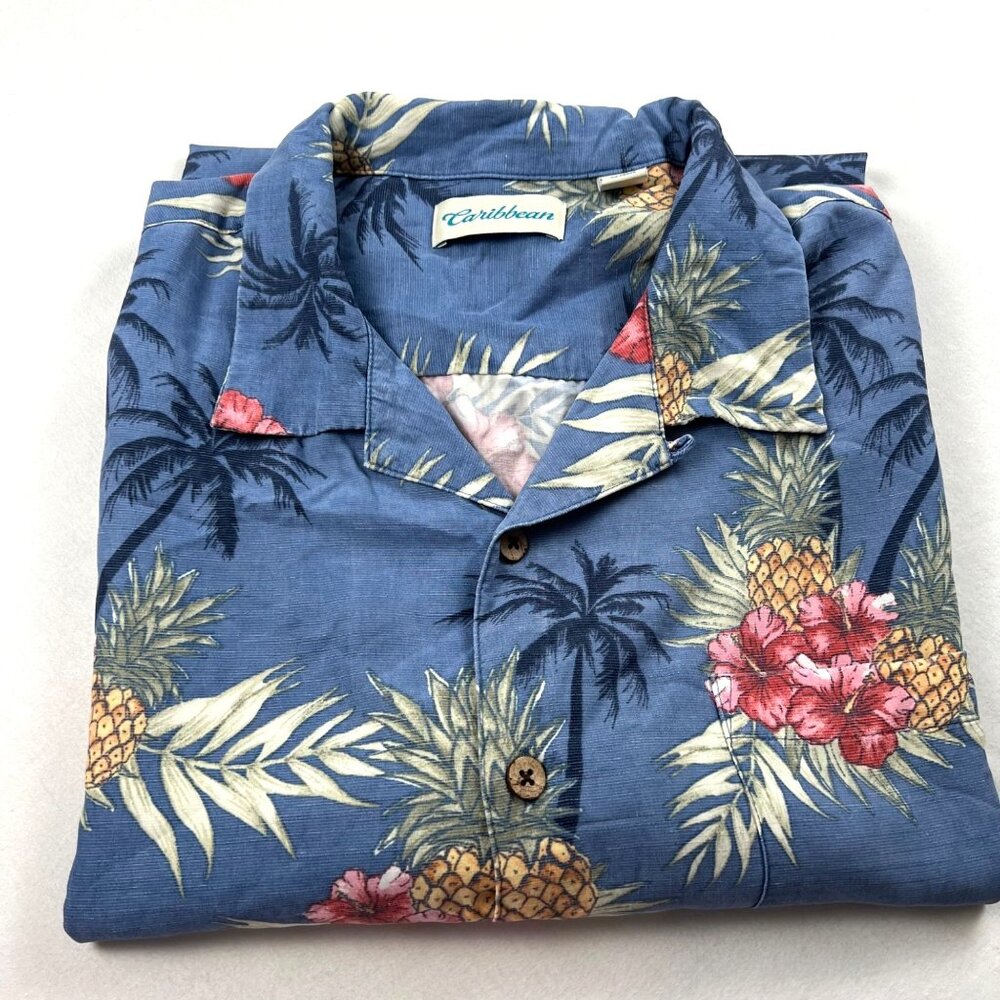 Caribbean Hawaiian Shirt XXL Palm Tree Pineapple Floral Mens Short Sleeve Button